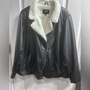 Torrid Black Faux Leather Jacket with White Sherpa Collar